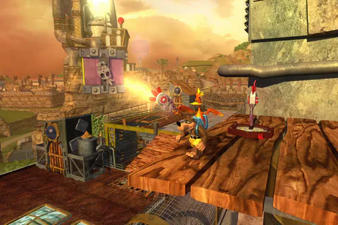 Banjo and Kazooie attacking from a wooden rooftop in Showdown Town.