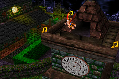 Banjo on the clock tower in Mad Monster Mansion, with Musical Notes on its roof.