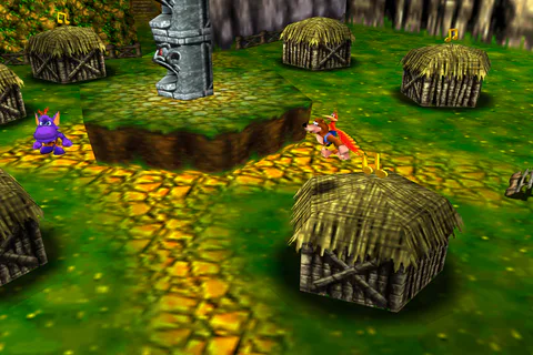 Kazooie carrying Banjo uphill with the Talon Trot in Mumbo's Mountain.