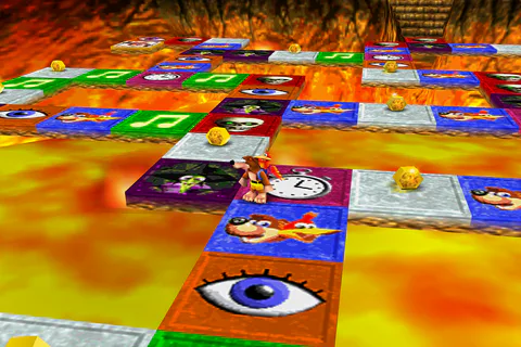 Banjo and Kazooie on the tile board at Grunty's Furnace Fun.