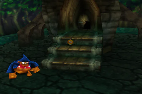 Pumpkin Banjo beside a Blue Gruntling outside Mad Monster Mansion's entrance.