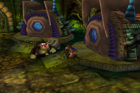 A Black Gruntling guarding a chamber with a Warp Cauldron in Gruntilda's Lair.