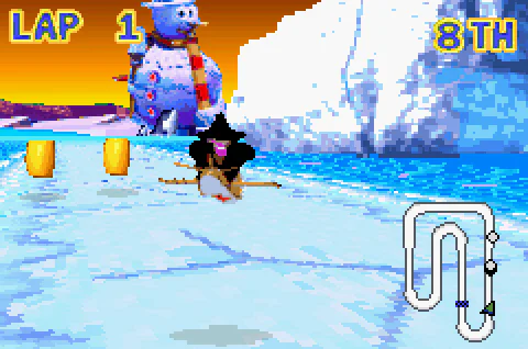 Mumbo Jumbo racing beside the giant snowman in Freezeezy Peak.