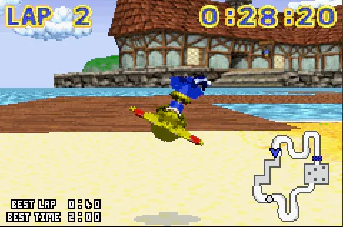 Kazooie flying past a waterside building in Jolly Roger's Lagoon.