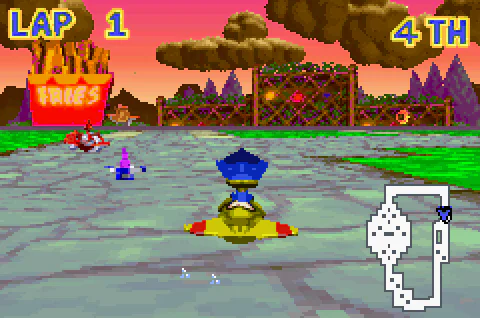 Kazooie racing past the Witchyworld fries stall.