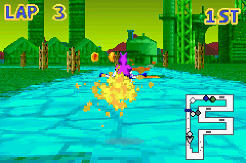 The Purple Jinjo racing through the industrial course in first place.