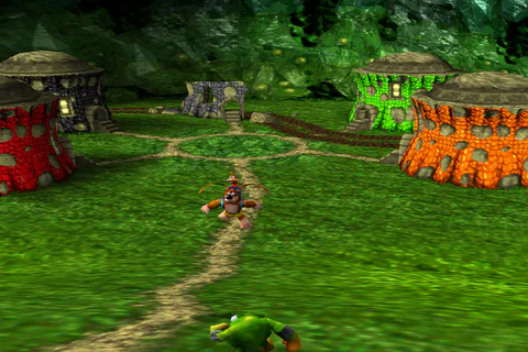 Banjo exploring Jinjo Village beside its green family houses.