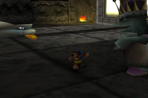 Banjo in a dim stone hall facing two large figures.