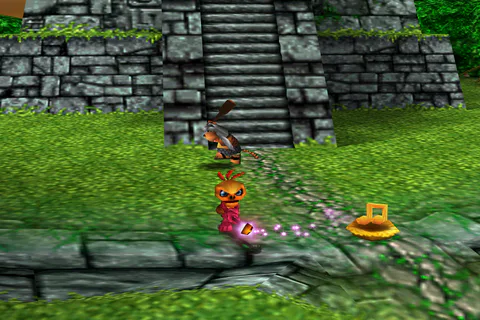 Playable Mumbo Jumbo collecting Notes beside a stone temple.