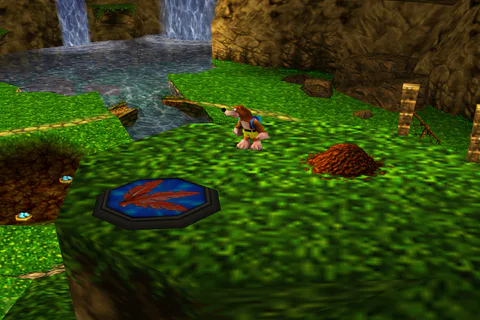 Banjo and Kazooie standing on a Split-Up Pad in Spiral Mountain.