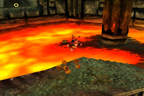 Banjo exploring a cave above a bright lava pool.