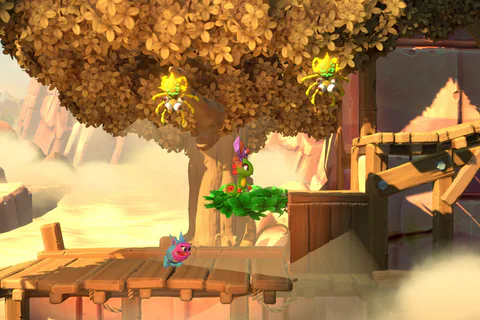 Yooka and Laylee jump between wooden forest platforms among yellow leaves and flying bees.
