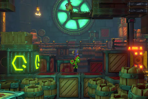 Yooka and Laylee pass a large green fan and Quills inside an industrial chapter.