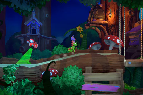 The duo approach an enemy along a wooden route through a shadowy forest.