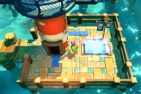 An open chapter book stands on a coastal platform near the overworld lighthouse.