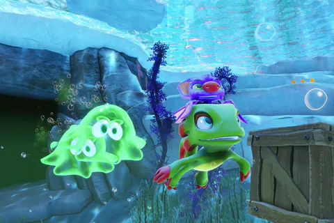 The duo swim underwater near a green Ghost Writer and submerged scenery.
