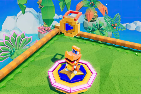 Rextro stands in an isometric arcade course beside a large blue key and a pink platform.
