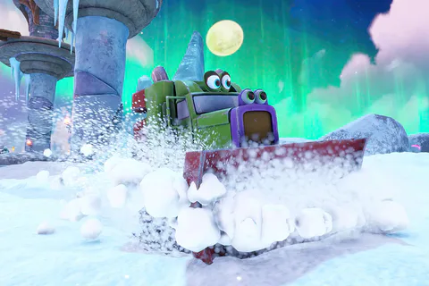 The snowplough transformation travels through snow in Glitterglaze Glacier.