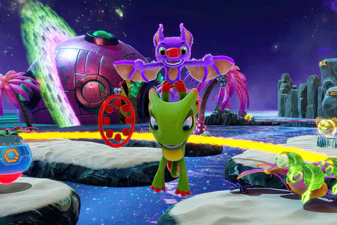 The duo jump near a red Q.U.I.D.S challenge ring among Galleon Galaxy’s floating scenery.