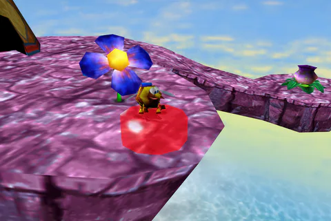 Bee Banjo stands beside a planting hole and blue flower on a purple ledge in Cloud Cuckooland.