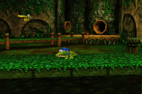Crocodile Banjo stands on a grassy bank beside the giant crocodile in Bubblegloop Swamp.