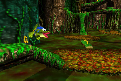 The Crocodile opens its jaws near a Buzzbomb and Musical Notes beside the swamp water.