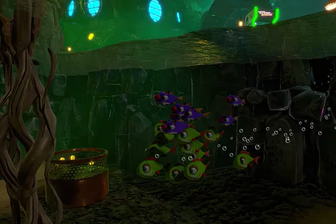 The Piranha Form swimming through the pipe-lined underwater area in Moodymaze Marsh.