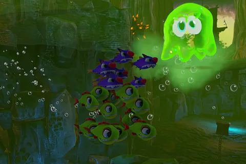The Piranha Form approaching the green Ghost Writer beneath the grating in Moodymaze Marsh.