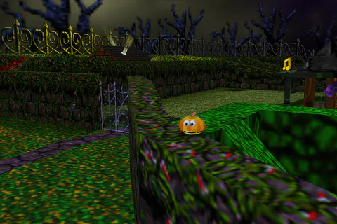 Pumpkin Banjo stands beside a hedge and stone wall near the mansion grounds.