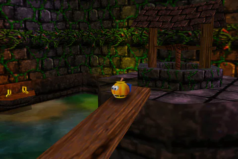 Pumpkin Banjo stands on the wooden walkway leading toward the well.