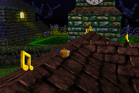Pumpkin Banjo stands on the church roof near the clock tower and Musical Notes.