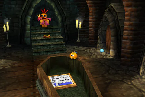 Pumpkin Banjo stands beside the opened coffin and white water-level switch, with Mumbo behind it.