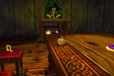 Pumpkin Banjo stands in a wooden-floored mansion room beside a table and carpet.