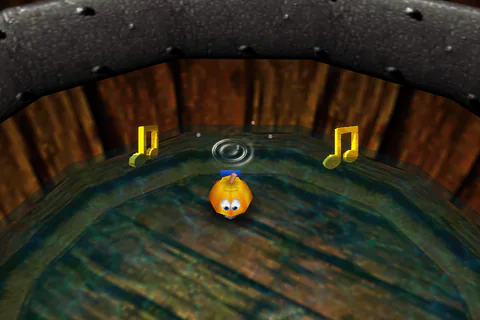 Pumpkin Banjo stands in a circular wooden basin beside Musical Notes.