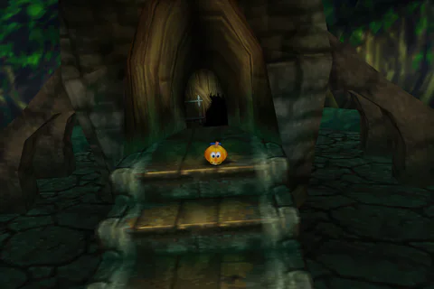 Pumpkin Banjo stands in a narrow stone passage with an arched opening.