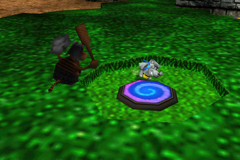 Stony Banjo stands beside a warp pad while an axe-carrying Moggy approaches.