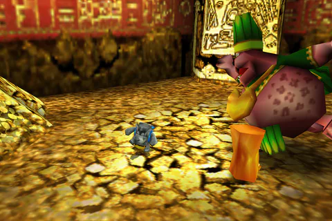 Stony Banjo stands beside Chief Bloatazin among the gold in the Treasure Chamber.