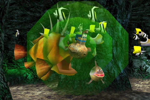 Submarine beside a transparent fish containing a collectible