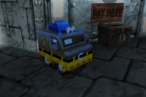 Van Banjo stands beside a Pay Here box near a stone doorway.