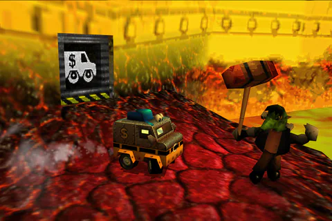 Van Banjo stands on an Inferno lava path near a signed Van door.