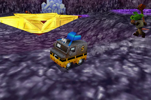 Van Banjo stands beside a yellow platform in the Space Zone.