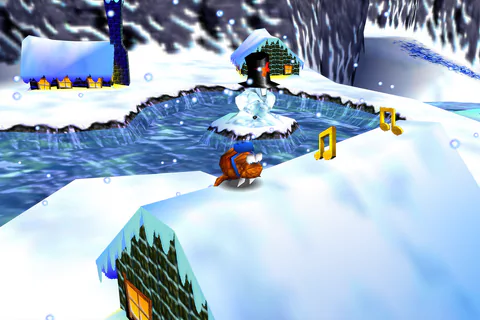 Walrus Banjo stands on the snowy village bank beside the icy pool and Mumbo’s Skull.