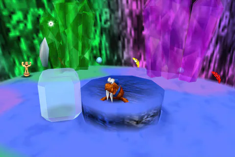 Walrus Banjo stands on a raised icy platform in a multicoloured cave.