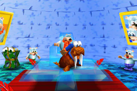 A walrus model appears with Banjo and Kazooie in a blue room decorated with framed portraits.
