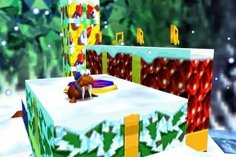 Walrus Banjo stands on a Shock Spring Pad beside a stack of wrapped presents.