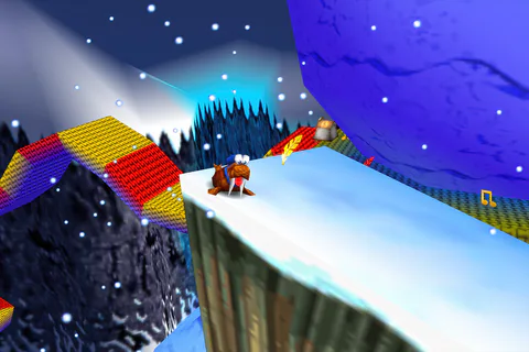 Walrus Banjo stands on a snowy ledge above the village houses.