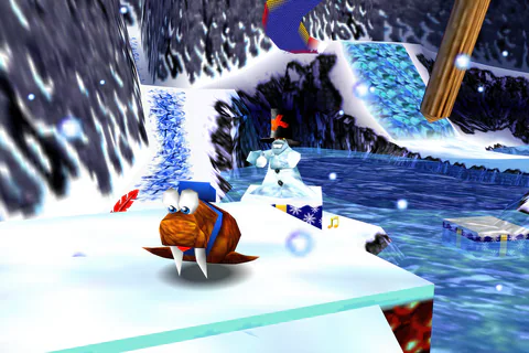 Walrus Banjo stands on a village roof overlooking the icy water.