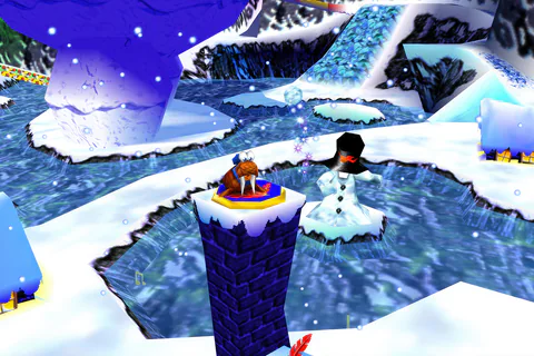 Walrus Banjo stands on a Shock Spring Pad atop a pillar over the ice.