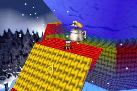 Walrus Banjo stands on roof tiles in front of Mumbo’s Skull.