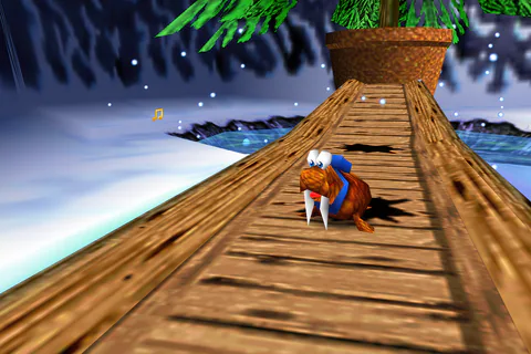 Walrus Banjo stands on a wooden bridge beneath the giant snowman.